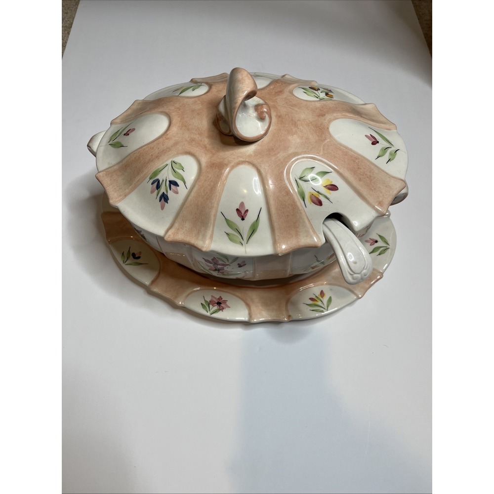 OGG Floral Ceramic Tureen with Ladle & Under Platter Made in Italy
